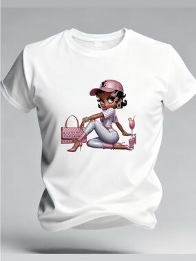 Graphic Tee with Pink Fashion Girl Print